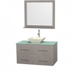 42 inch Single Bathroom Vanity in Gray Oak, Green Glass Countertop, Pyra Bone Porcelain Sink, and 36 inch Mirror