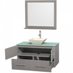 42 inch Single Bathroom Vanity in Gray Oak, Green Glass Countertop, Pyra Bone Porcelain Sink, and 36 inch Mirror