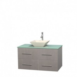 42 inch Single Bathroom Vanity in Gray Oak, Green Glass Countertop, Pyra Bone Porcelain Sink, and No Mirror