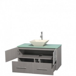 42 inch Single Bathroom Vanity in Gray Oak, Green Glass Countertop, Pyra Bone Porcelain Sink, and No Mirror