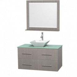 42 inch Single Bathroom Vanity in Gray Oak, Green Glass Countertop, Pyra White Porcelain Sink, and 36 inch Mirror