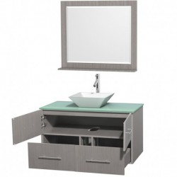 42 inch Single Bathroom Vanity in Gray Oak, Green Glass Countertop, Pyra White Porcelain Sink, and 36 inch Mirror
