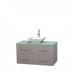 42 inch Single Bathroom Vanity in Gray Oak, Green Glass Countertop, Pyra White Porcelain Sink, and No Mirror