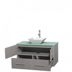 42 inch Single Bathroom Vanity in Gray Oak, Green Glass Countertop, Pyra White Porcelain Sink, and No Mirror