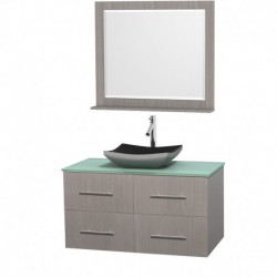 42 inch Single Bathroom Vanity in Gray Oak, Green Glass Countertop, Altair Black Granite Sink, and 36 inch Mirror