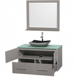 42 inch Single Bathroom Vanity in Gray Oak, Green Glass Countertop, Altair Black Granite Sink, and 36 inch Mirror