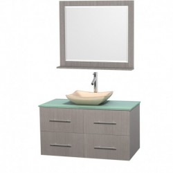 42 inch Single Bathroom Vanity in Gray Oak, Green Glass Countertop, Avalon Ivory Marble Sink, and 36 inch Mirror