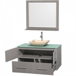 42 inch Single Bathroom Vanity in Gray Oak, Green Glass Countertop, Avalon Ivory Marble Sink, and 36 inch Mirror