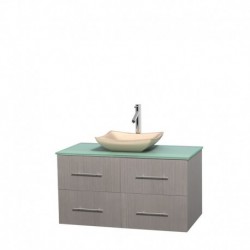 42 inch Single Bathroom Vanity in Gray Oak, Green Glass Countertop, Avalon Ivory Marble Sink, and No Mirror