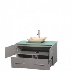 42 inch Single Bathroom Vanity in Gray Oak, Green Glass Countertop, Avalon Ivory Marble Sink, and No Mirror