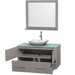 42 inch Single Bathroom Vanity in Gray Oak, Green Glass Countertop, Avalon White Carrera Marble Sink, and 36 inch Mirror