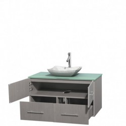42 inch Single Bathroom Vanity in Gray Oak, Green Glass Countertop, Avalon White Carrera Marble Sink, and No Mirror