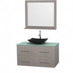 42 inch Single Bathroom Vanity in Gray Oak, Green Glass Countertop, Arista Black Granite Sink, and 36 inch Mirror