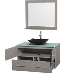 42 inch Single Bathroom Vanity in Gray Oak, Green Glass Countertop, Arista Black Granite Sink, and 36 inch Mirror