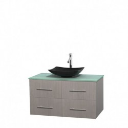 42 inch Single Bathroom Vanity in Gray Oak, Green Glass Countertop, Arista Black Granite Sink, and No Mirror