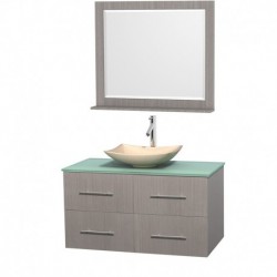 42 inch Single Bathroom Vanity in Gray Oak, Green Glass Countertop, Arista Ivory Marble Sink, and 36 inch Mirror