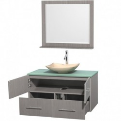 42 inch Single Bathroom Vanity in Gray Oak, Green Glass Countertop, Arista Ivory Marble Sink, and 36 inch Mirror
