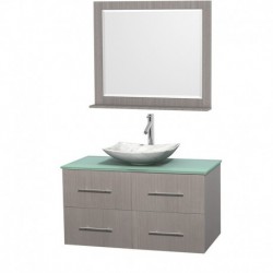 42 inch Single Bathroom Vanity in Gray Oak, Green Glass Countertop, Arista White Carrera Marble Sink, and 36 inch Mirror