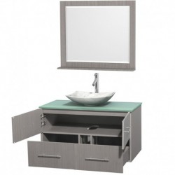 42 inch Single Bathroom Vanity in Gray Oak, Green Glass Countertop, Arista White Carrera Marble Sink, and 36 inch Mirror