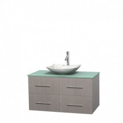 42 inch Single Bathroom Vanity in Gray Oak, Green Glass Countertop, Arista White Carrera Marble Sink, and No Mirror