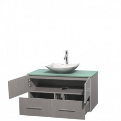 42 inch Single Bathroom Vanity in Gray Oak, Green Glass Countertop, Arista White Carrera Marble Sink, and No Mirror