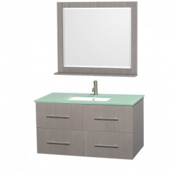 42 inch Single Bathroom Vanity in Gray Oak, Green Glass Countertop, Undermount Square Sink, and 36 inch Mirror