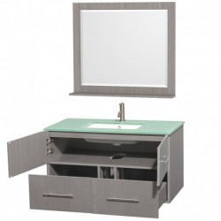 42 inch Single Bathroom Vanity in Gray Oak, Green Glass Countertop, Undermount Square Sink, and 36 inch Mirror