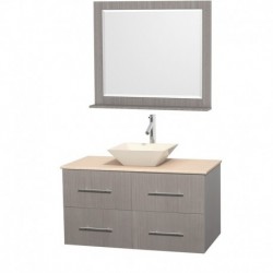 42 inch Single Bathroom Vanity in Gray Oak, Ivory Marble Countertop, Pyra Bone Porcelain Sink, and 36 inch Mirror