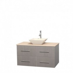 42 inch Single Bathroom Vanity in Gray Oak, Ivory Marble Countertop, Pyra Bone Porcelain Sink, and No Mirror