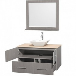 42 inch Single Bathroom Vanity in Gray Oak, Ivory Marble Countertop, Pyra White Porcelain Sink, and 36 inch Mirror