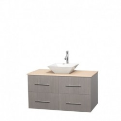 42 inch Single Bathroom Vanity in Gray Oak, Ivory Marble Countertop, Pyra White Porcelain Sink, and No Mirror