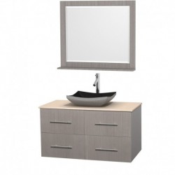42 inch Single Bathroom Vanity in Gray Oak, Ivory Marble Countertop, Altair Black Granite Sink, and 36 inch Mirror