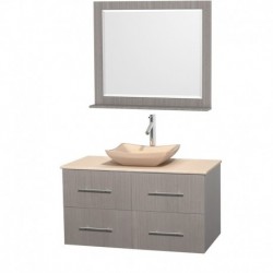 42 inch Single Bathroom Vanity in Gray Oak, Ivory Marble Countertop, Avalon Ivory Marble Sink, and 36 inch Mirror