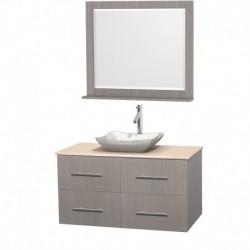 42 inch Single Bathroom Vanity in Gray Oak, Ivory Marble Countertop, Avalon White Carrera Marble Sink, and 36 inch Mirror