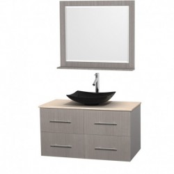 42 inch Single Bathroom Vanity in Gray Oak, Ivory Marble Countertop, Arista Black Granite Sink, and 36 inch Mirror
