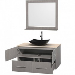 42 inch Single Bathroom Vanity in Gray Oak, Ivory Marble Countertop, Arista Black Granite Sink, and 36 inch Mirror