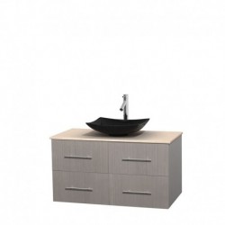 42 inch Single Bathroom Vanity in Gray Oak, Ivory Marble Countertop, Arista Black Granite Sink, and No Mirror