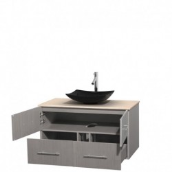42 inch Single Bathroom Vanity in Gray Oak, Ivory Marble Countertop, Arista Black Granite Sink, and No Mirror