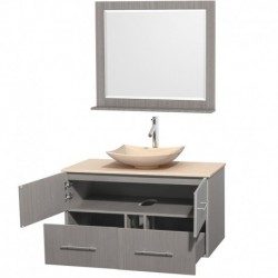 42 inch Single Bathroom Vanity in Gray Oak, Ivory Marble Countertop, Arista Ivory Marble Sink, and 36 inch Mirror