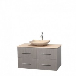 42 inch Single Bathroom Vanity in Gray Oak, Ivory Marble Countertop, Arista Ivory Marble Sink, and No Mirror