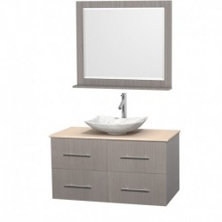 42 inch Single Bathroom Vanity in Gray Oak, Ivory Marble Countertop, Arista White Carrera Marble Sink, and 36 inch Mirror