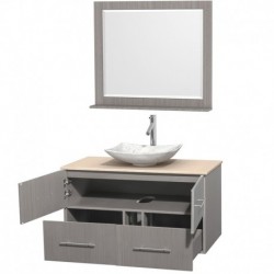 42 inch Single Bathroom Vanity in Gray Oak, Ivory Marble Countertop, Arista White Carrera Marble Sink, and 36 inch Mirror