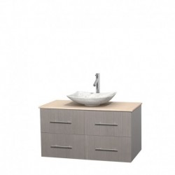 42 inch Single Bathroom Vanity in Gray Oak, Ivory Marble Countertop, Arista White Carrera Marble Sink, and No Mirror