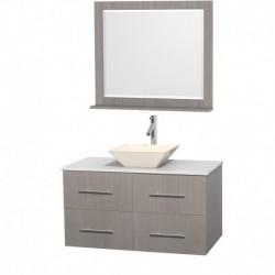 42 inch Single Bathroom Vanity in Gray Oak, White Man-Made Stone Countertop, Pyra Bone Porcelain Sink, and 36 inch Mirror