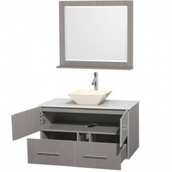 42 inch Single Bathroom Vanity in Gray Oak, White Man-Made Stone Countertop, Pyra Bone Porcelain Sink, and 36 inch Mirror