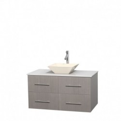 42 inch Single Bathroom Vanity in Gray Oak, White Man-Made Stone Countertop, Pyra Bone Porcelain Sink, and No Mirror