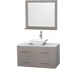 42 inch Single Bathroom Vanity in Gray Oak, White Man-Made Stone Countertop, Pyra White Porcelain Sink, and 36 inch Mirror