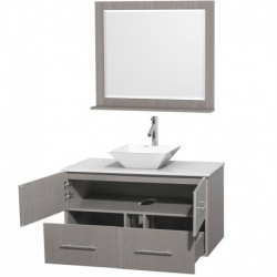 42 inch Single Bathroom Vanity in Gray Oak, White Man-Made Stone Countertop, Pyra White Porcelain Sink, and 36 inch Mirror