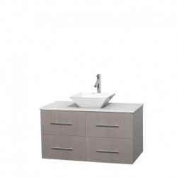 42 inch Single Bathroom Vanity in Gray Oak, White Man-Made Stone Countertop, Pyra White Porcelain Sink, and No Mirror
