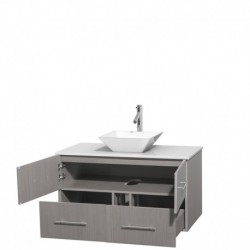 42 inch Single Bathroom Vanity in Gray Oak, White Man-Made Stone Countertop, Pyra White Porcelain Sink, and No Mirror